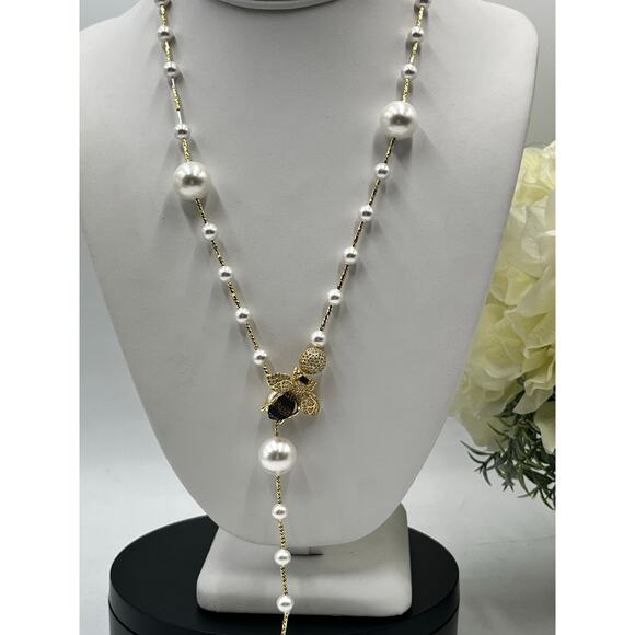 Vintage Gold Bee Movable Enhancer Long Pearl Chain Convertible Runway Necklace - Picture 9 of 10